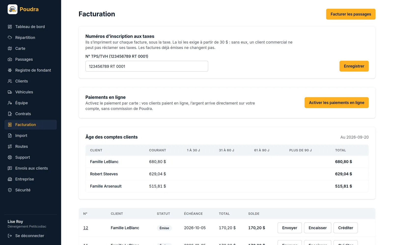 Écran Facturation : numéros de taxes, paiements en ligne, âge des comptes et factures